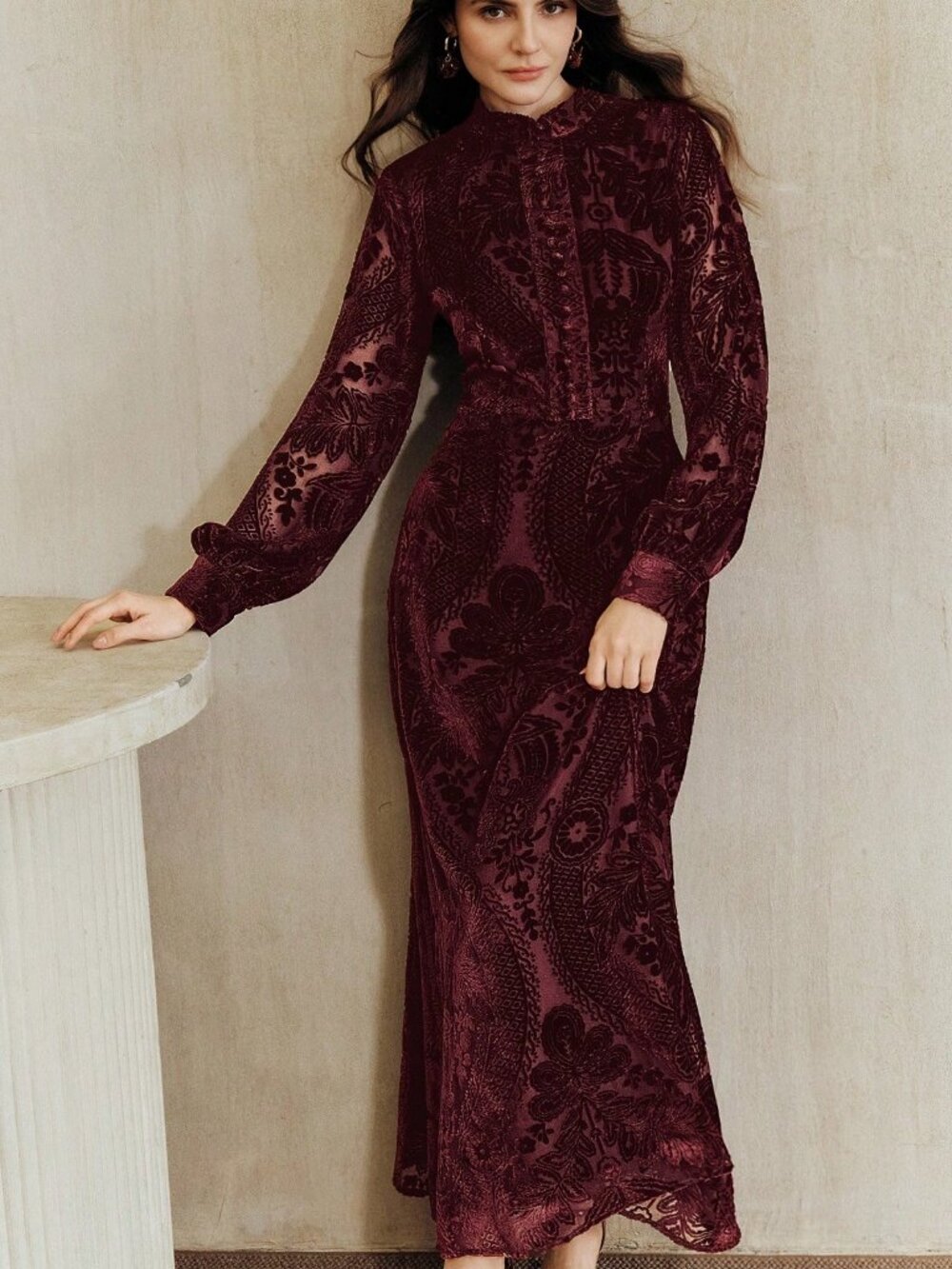 Burgundy Elegant Women's Stand Collar Button A-Line velvet Long Dress